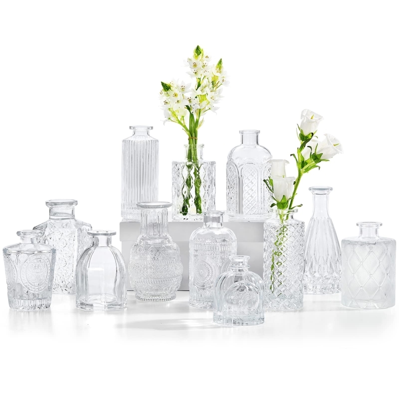 Bud Vases Clear Assorted Shapes Embossed Textures Mismatched Glass Set