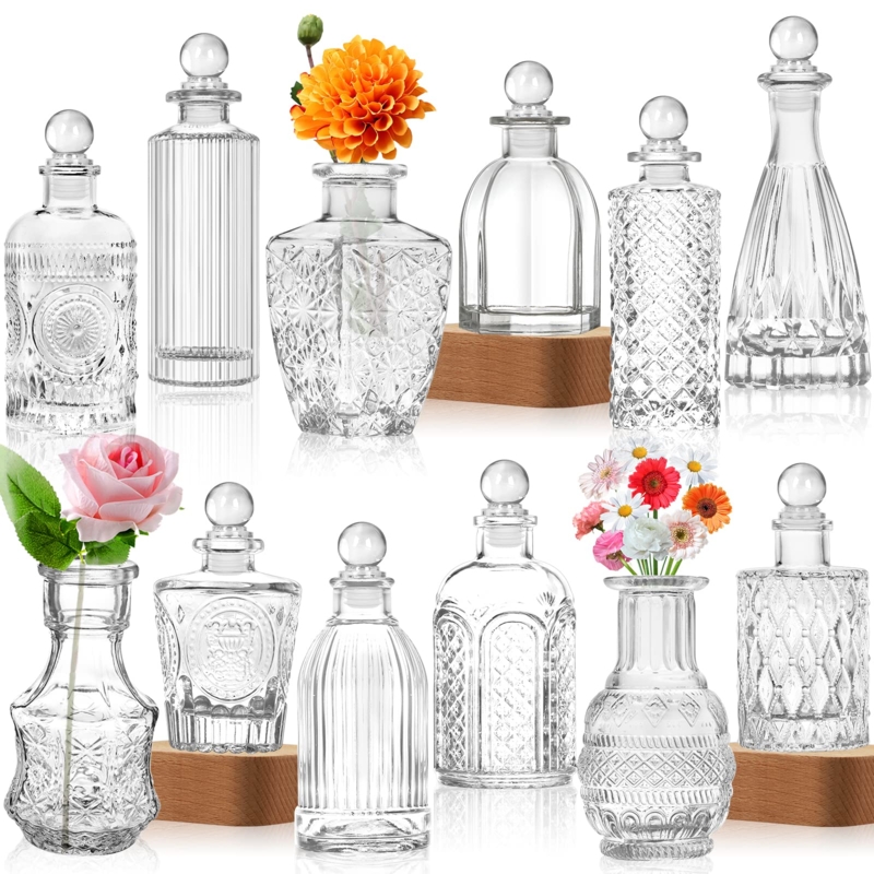 Bud Vases Clear Embossed Glass Stoppers Apothecary Style Bottle Set