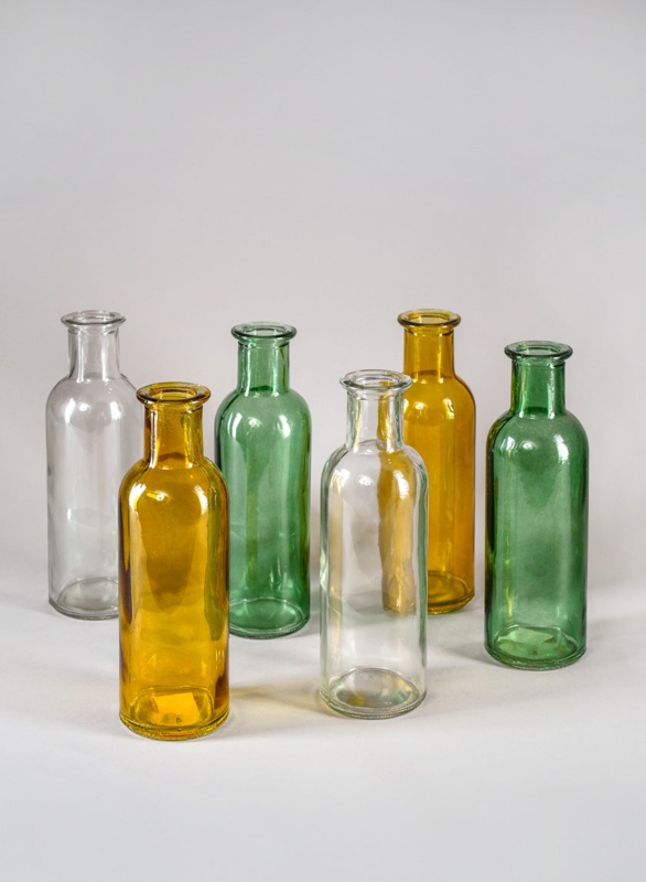Bud Vases Colored Glass Amber Green Clear Set of Six