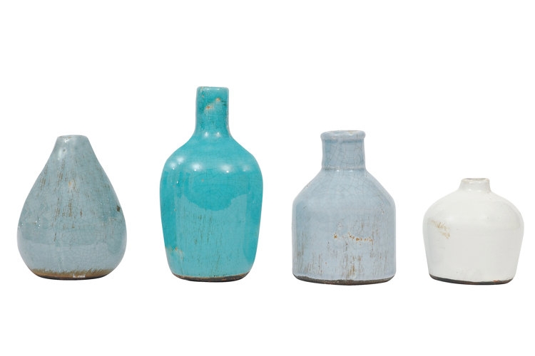 Bud Vases: Distressed Crackle Glaze in Tonal Blue and White Ceramic Set