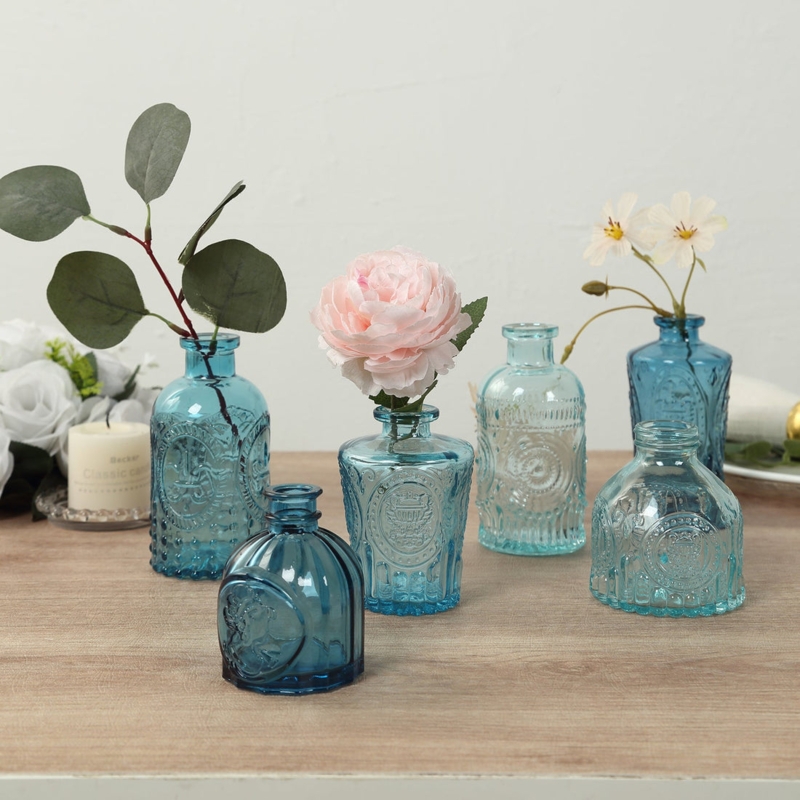 Bud Vases Mixed Blue Tones Embossed Glass Farmhouse Style