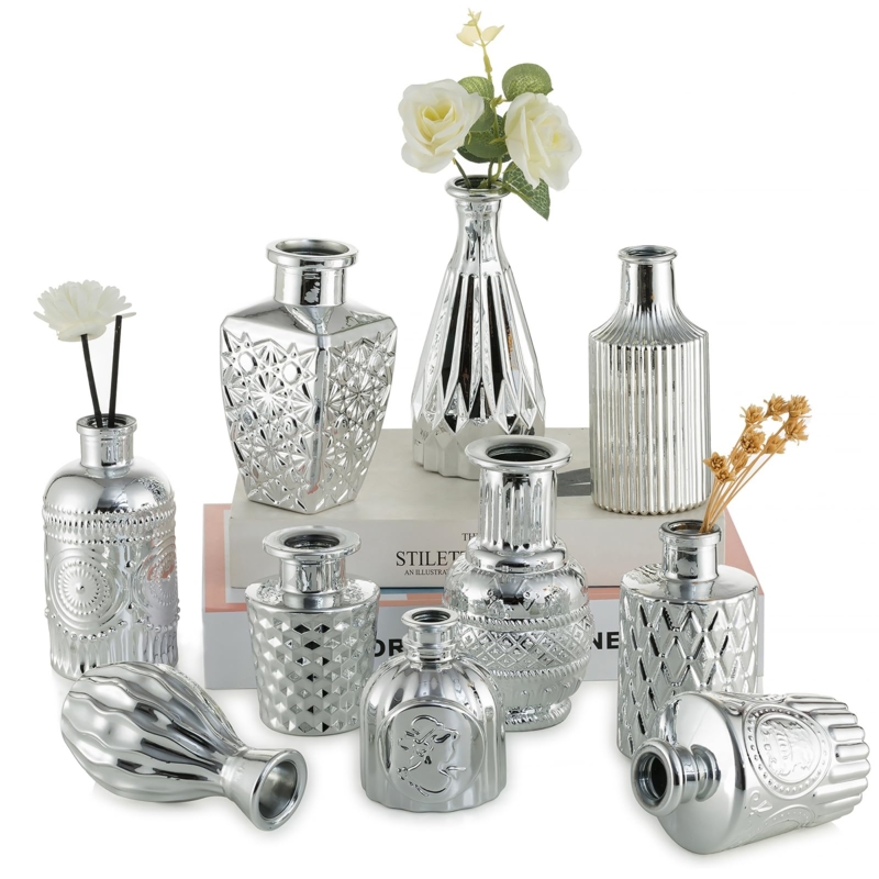 Bud Vases Set of Ten Assorted Shapes Geometric Textures Glossy