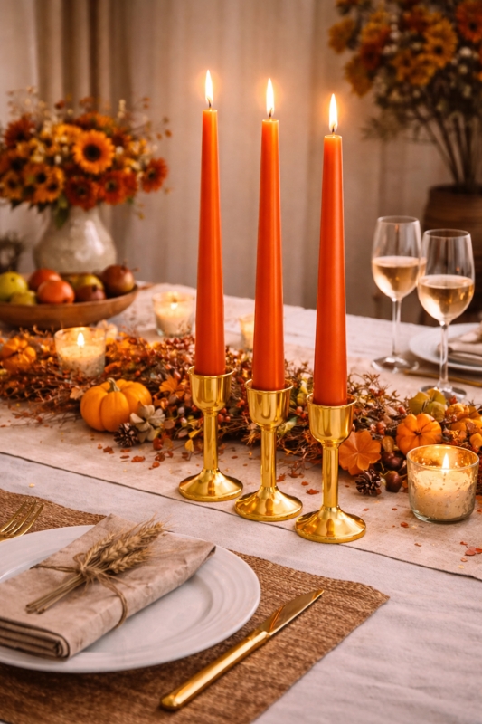 Burnt Orange Taper Candles on Polished Gold Pedestal Holders