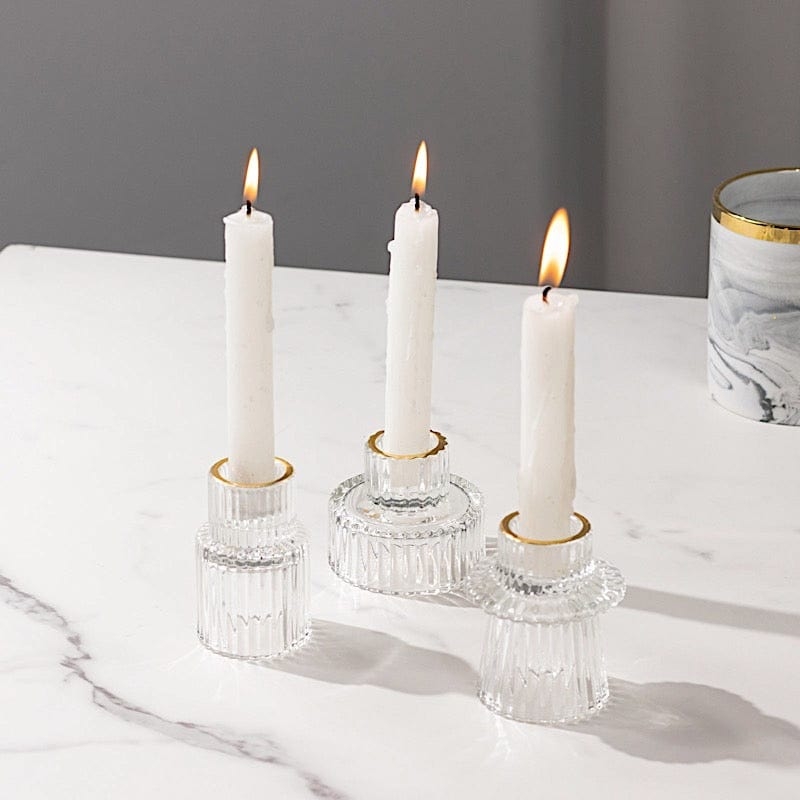 Candle Holder Ribbed Glass Gold Rim Taper Fit Glam Decor