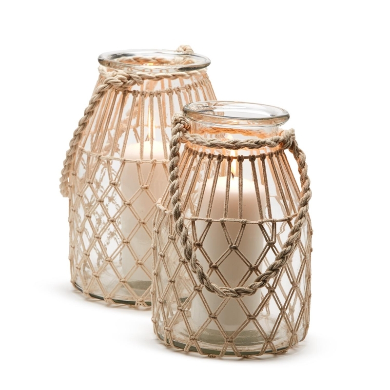 Candle Holder Set Glass Jar with Macramé Rope Netting and Handles