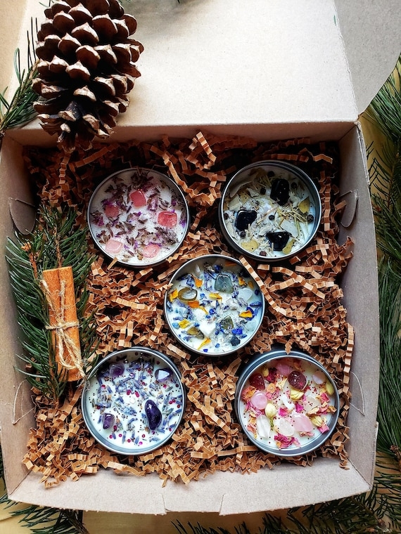Candle Set Gemstone Inclusions Botanical Toppings Earthy Gift Box