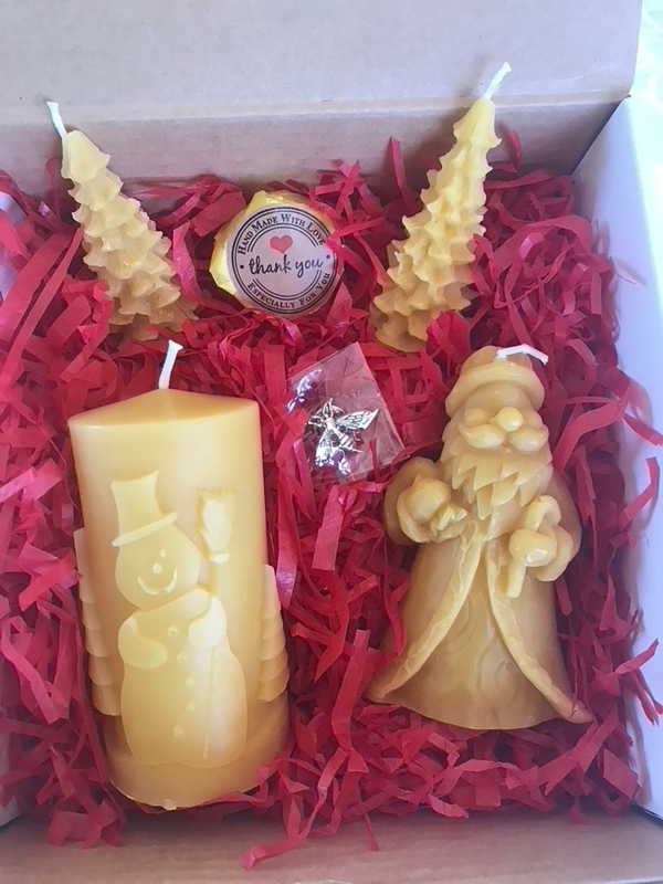 Candle Set Molded Holiday Shapes Beeswax Santa Snowman Festive Box