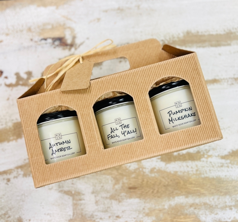 Candle Set Ribbed Cardboard Carrier Autumn Themed Rustic Soy Jars