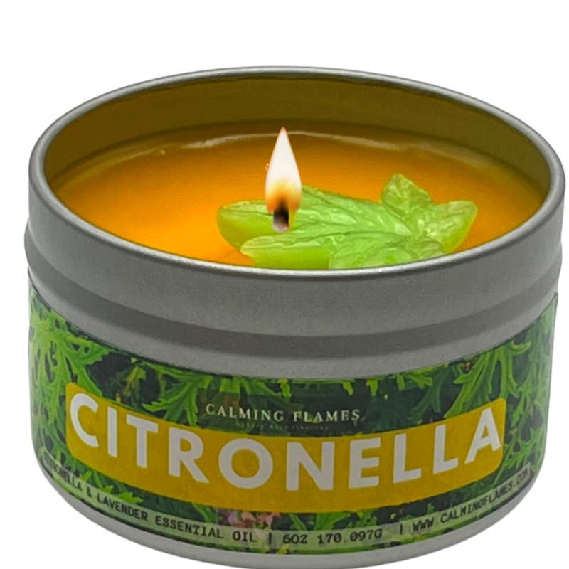 Candle: Silver Travel Tin with Leaf-Shaped Citronella Embed