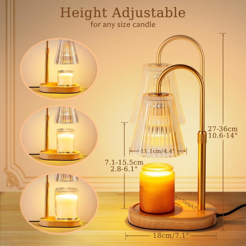 Candle Warmer Lamp, Adjustable Height with Ribbed Glass Shade, Gold