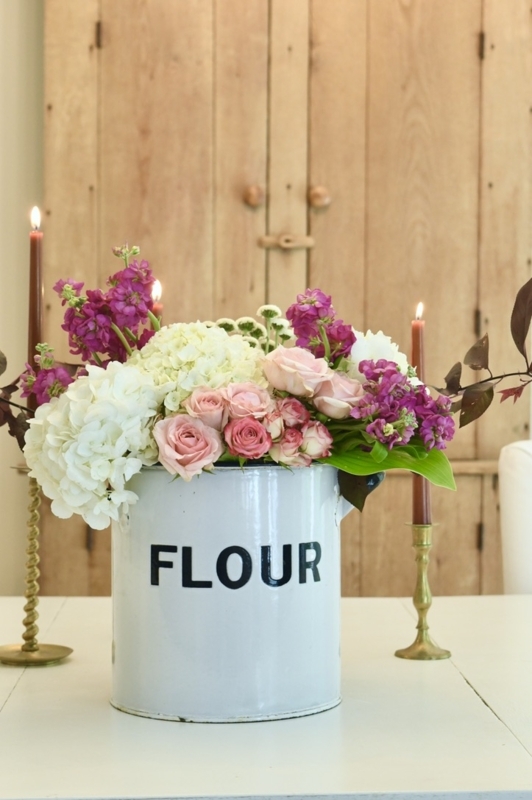 Canister Vase, Repurposed Vintage Flour Container with Brass Candlesticks