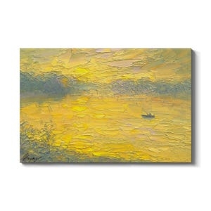 Canvas Art: Impressionist Lake Scene Decor with Sunset Glow and Boat