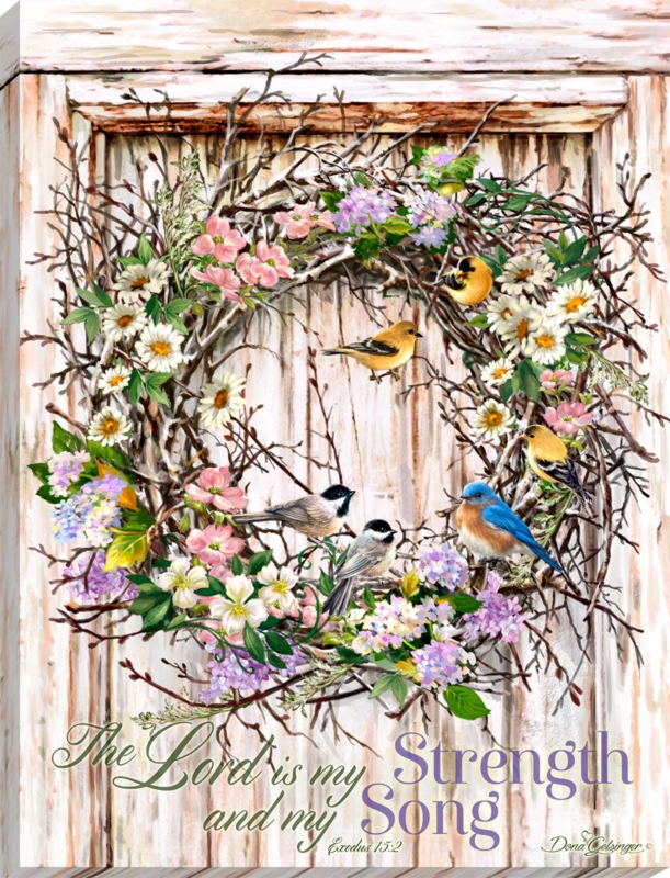 Canvas Art, Rustic Spring Wreath with Songbirds & Scripture