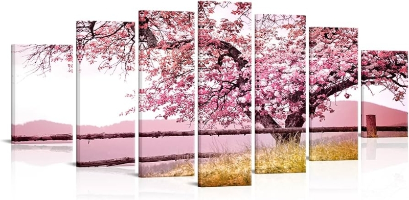 Canvas Art Set 7-Piece Pink Plum Blossoms Nature Inspired Decor