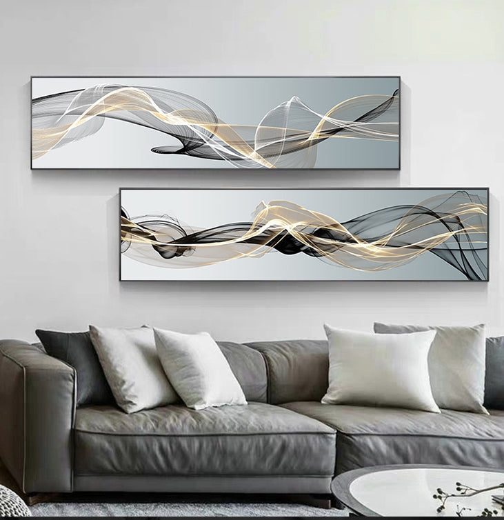 Canvas Art Set: Wide Horizontal Black Gold Fluid Lines, Industrial Decor