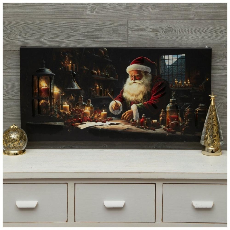 Canvas Art: Traditional Santa Workshop Scene with Candlelit Atmosphere