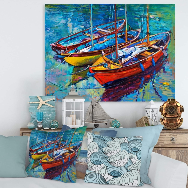 Canvas Art Vibrant Harbor Boat Painting Impasto Style Textured Brushstrokes