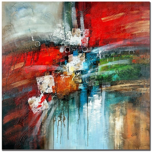 Canvas Art Vibrant Red Teal Contrast Geometric Cubes Impasto Texture