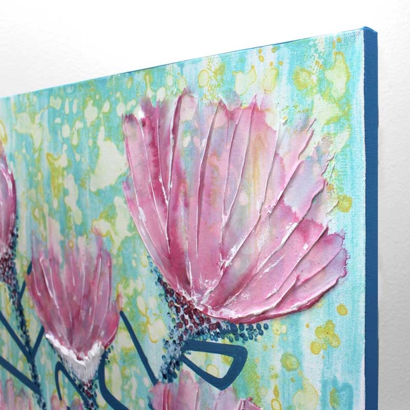 Canvas Painting, Impasto Texture Floral in Pink & Aqua