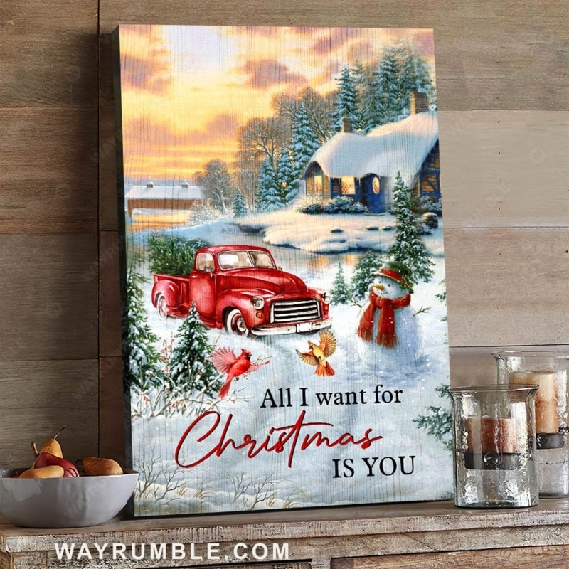 Canvas Print: Red Truck, Christmas Typography, Golden Sunset Glow