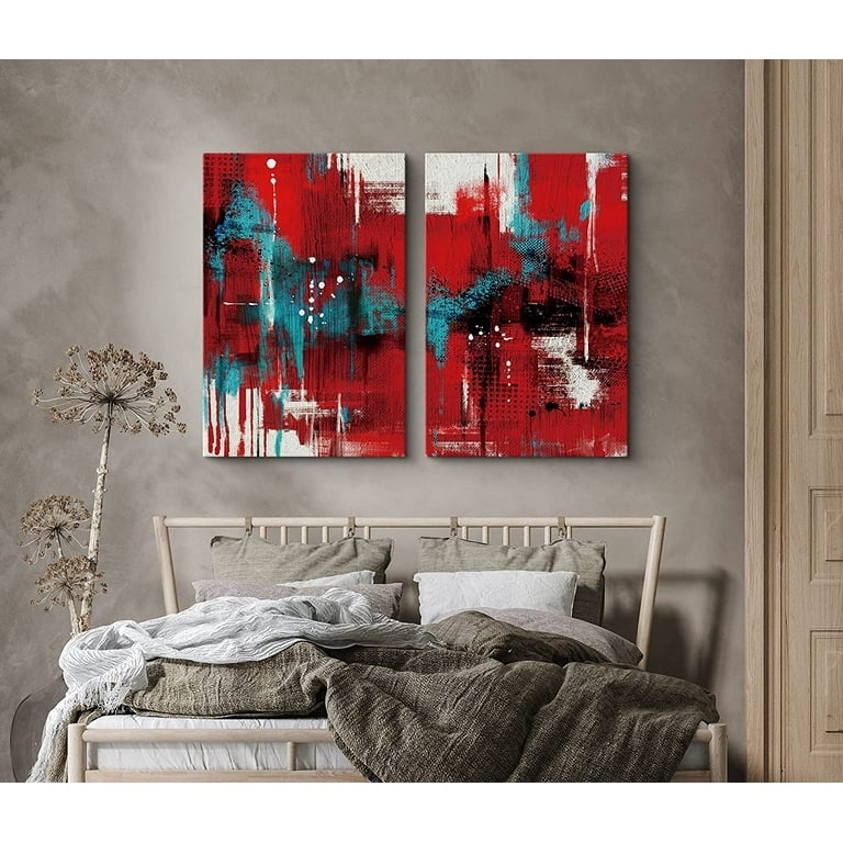 Canvas Print Wall Art Set Teal And Grunge Brushstrokes Edgy