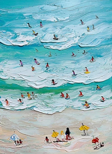 Canvas Wall Art Aerial Perspective Thick Impasto Waves Small Figures