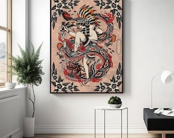 Canvas Wall Art American Traditional Illustrative Dragon Motif Print