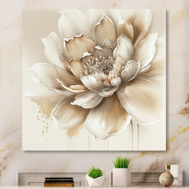 Canvas Wall Art Blooming Floral Motif Beige Dripping Paint
