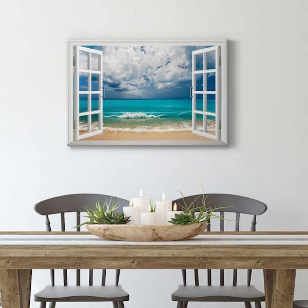 Canvas Wall Art Coastal Trompe L'oeil Open Window Effect Beach Vista