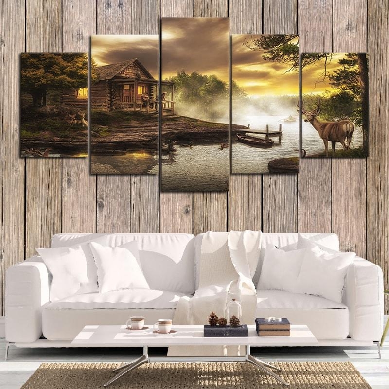 Canvas Wall Art Five Panel Split Cabin Sunset Landscape