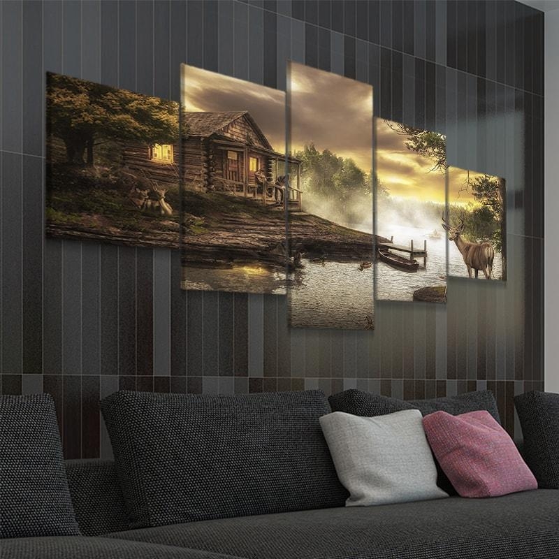 Canvas Wall Art Five Panel Staggered Log Cabin Landscape
