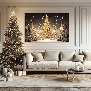 Canvas Wall Art, Glowing Central Tree Motif, Oversized, Winter Scene