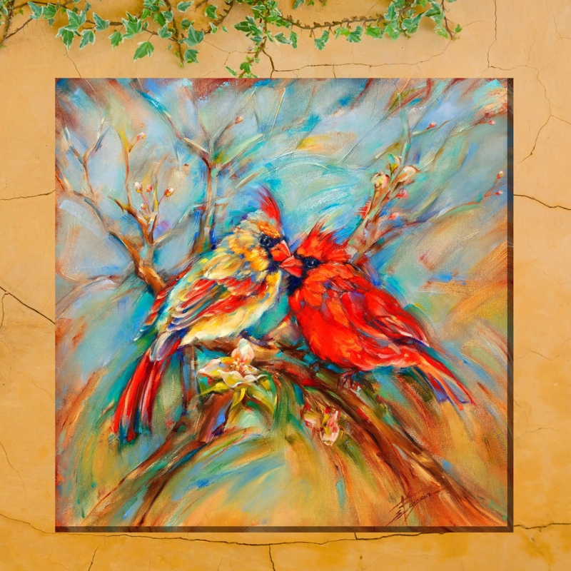 Canvas Wall Art, Impressionist Cardinals on Branch