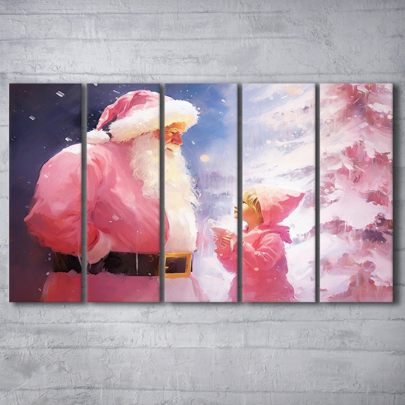 Canvas Wall Art: Impressionistic Five Panel Layout with Pink Santa Claus