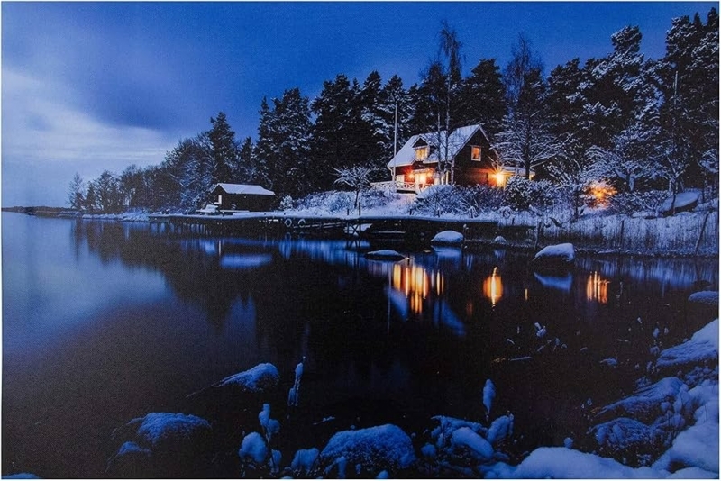 Canvas Wall Art LED Lighted Snowy Winter Cabin Twilight
