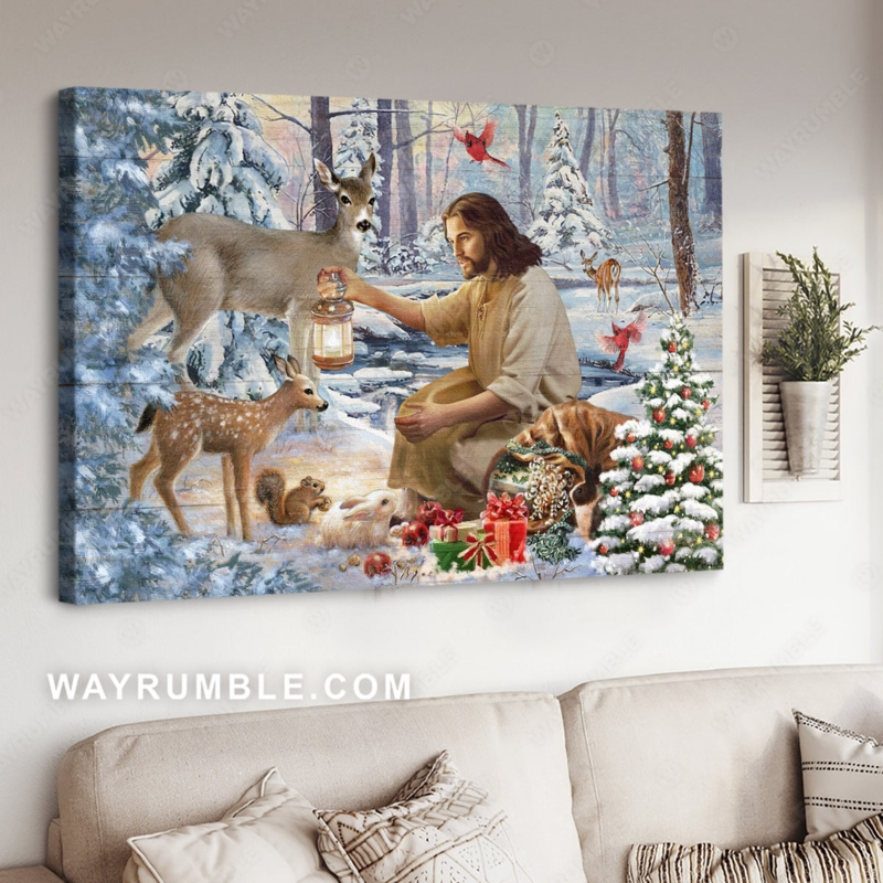 Canvas Wall Art: Oversized Religious Narrative Jesus Winter Forest Scene
