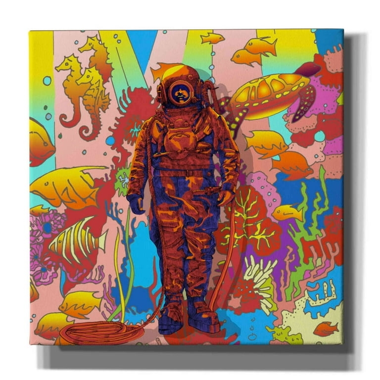 Canvas Wall Art: Psychedelic Underwater Theme, Vintage Diver, Pop Art