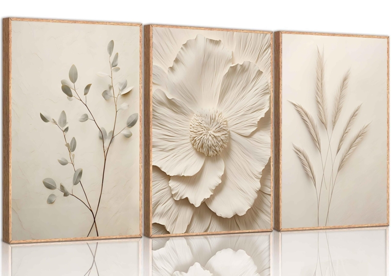 Canvas Wall Art Set: 3D Textured Flower, Wood Frames