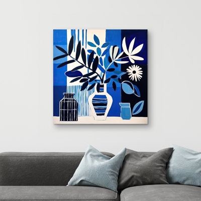 Canvas Wall Art Square Bold Blue Palette Stylized Botanical Silhouettes