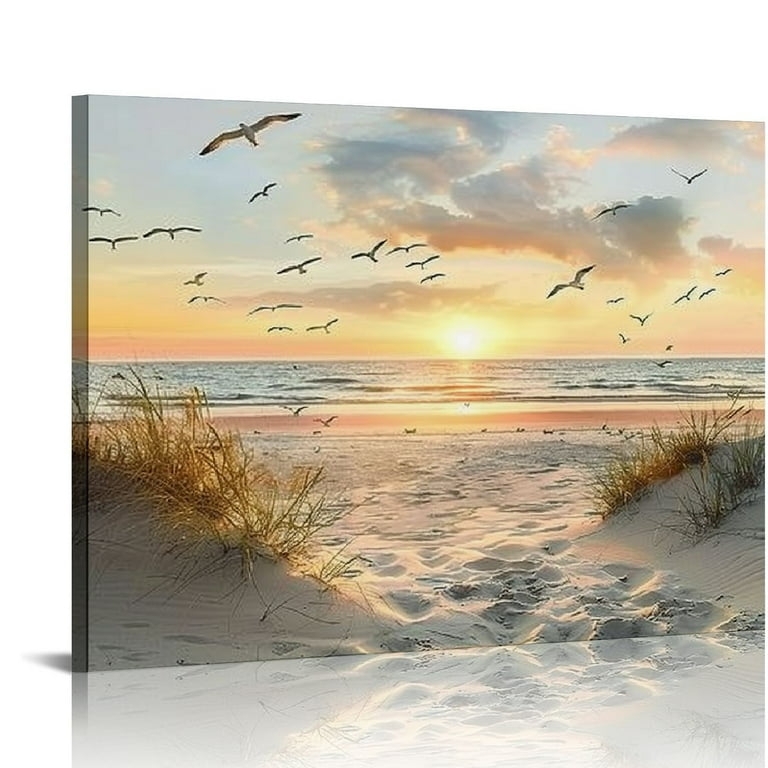 Canvas Wall Art Sunset Seascape Sand Dune Foreground Gulls In Flight