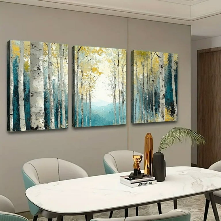 Canvas Wall Art Triptych, Abstract Birch Forest in Teal