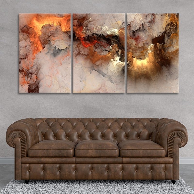 Canvas Wall Art Triptych, Abstract Clouds, Fiery Orange and Brown Tones