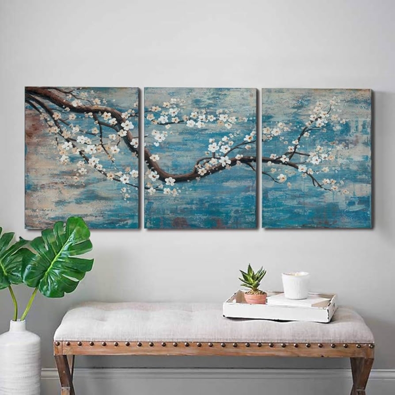 Canvas Wall Art Triptych, Hand-Painted Floral on Teal Blue