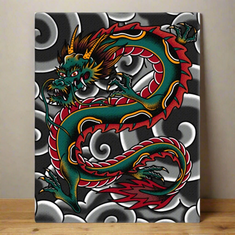 Canvas Wall Art Vibrant Teal Dragon American Traditional Tattoo Print