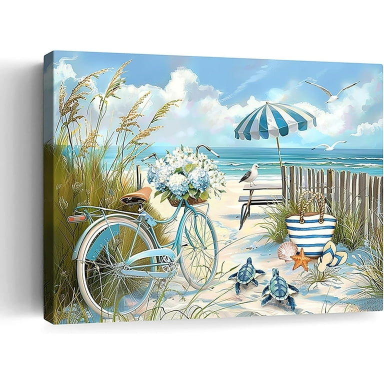 Canvas Wall Art Vintage Bicycle Motif Hydrangea Basket Sea Turtles