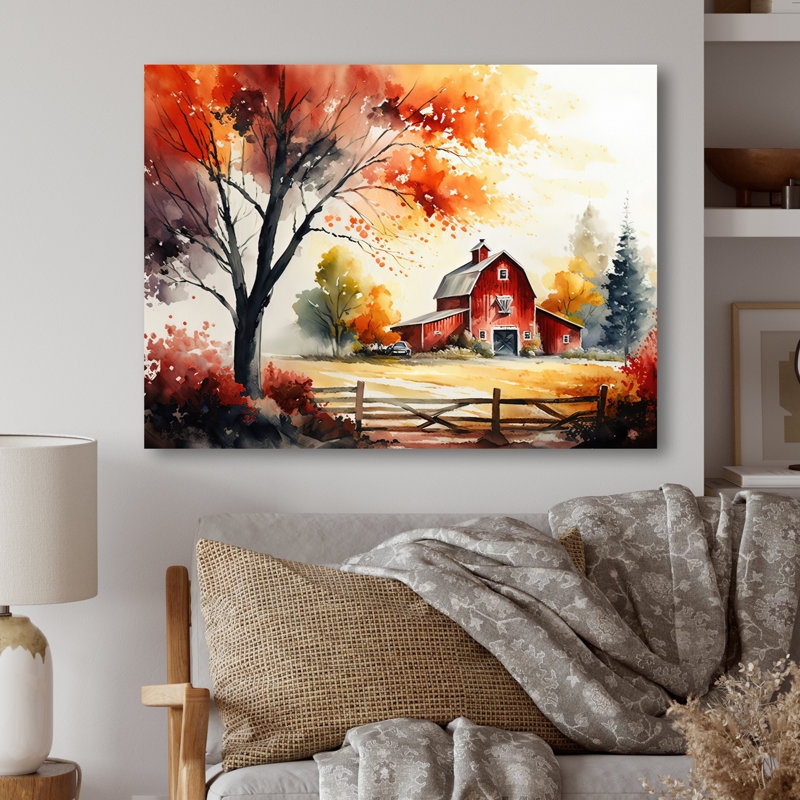Canvas Wall Art Watercolor Barn Landscape Modern Farmhouse Rustic Print