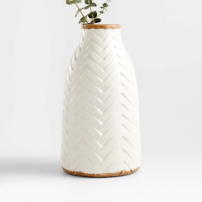 Carved Chevron Ceramic Vase: White & Exposed Clay. Minimalist table decor.