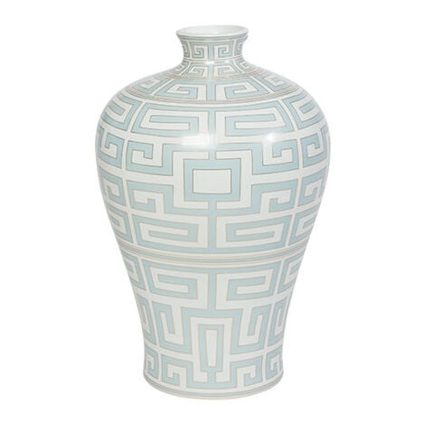 Ceramic Baluster Vase Glossy Blue White Greek Key Traditional Elegant