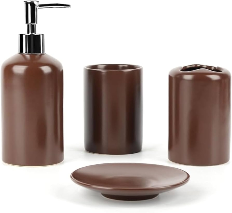 Ceramic Bathroom Accessory Set, Chocolate Brown Fluted Texture
