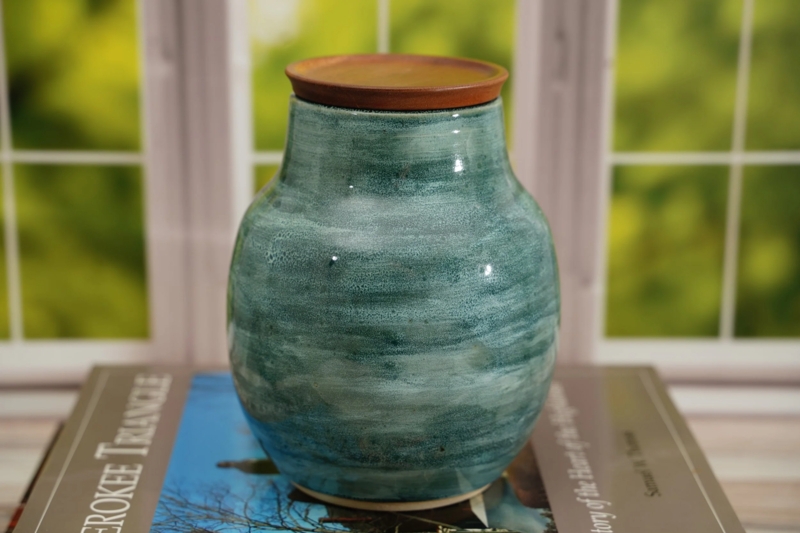 Ceramic Canister Mottled Teal Glaze, Artisan Urn for Home